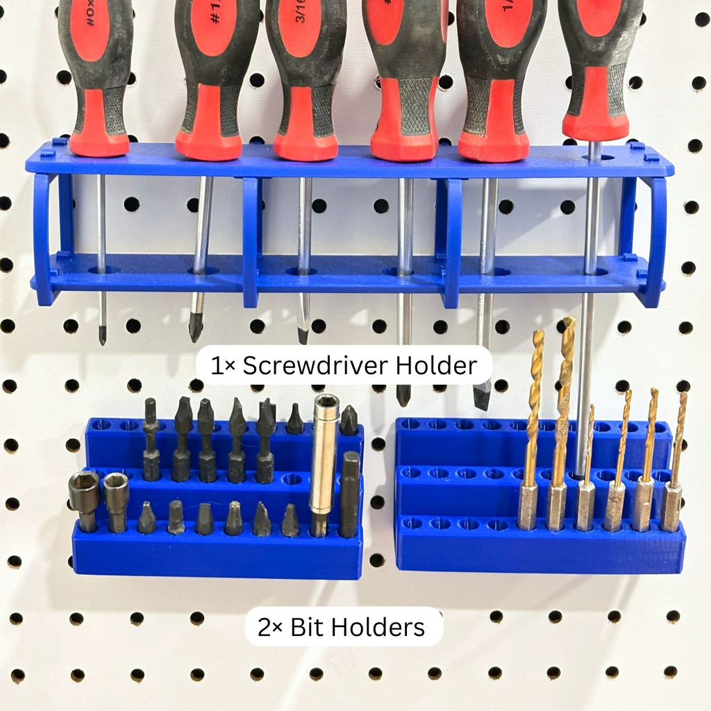 Combo Pegboard Holder Pack - 3 Piece Bit Holders & Screwdriver Holder Set